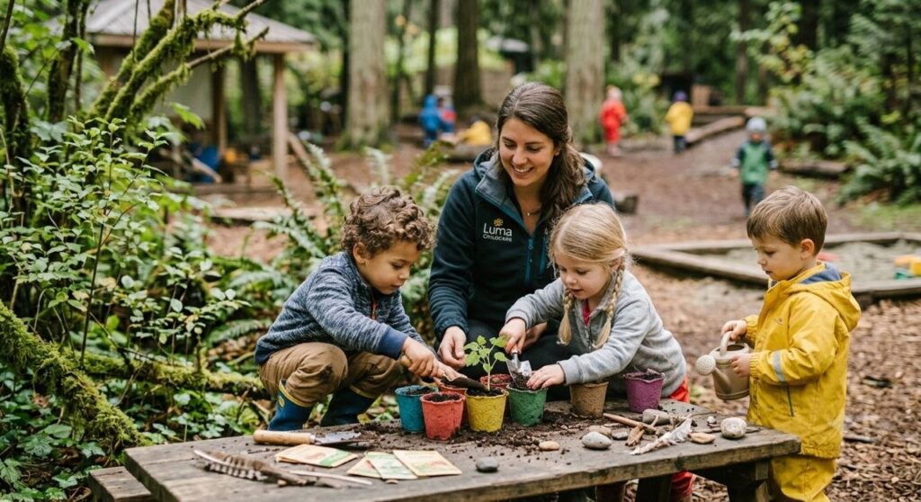 children learning about plants in childcare programs in BC
