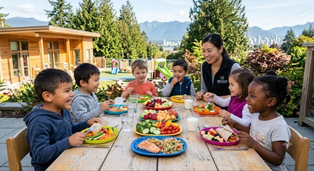 Healthy nutrition in BC childcare center with toddlers eating fresh fruits