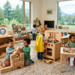 Toddlers exploring diverse play-based learning zones inside a bright BC childcare centers, featuring wooden building blocks, a sensory sand table with an educator, and a play kitchen, with Vancouver nature visible through large windows."