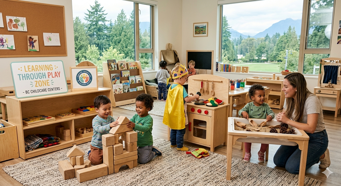 Toddlers exploring diverse play-based learning zones inside a bright BC childcare centers, featuring wooden building blocks, a sensory sand table with an educator, and a play kitchen, with Vancouver nature visible through large windows."