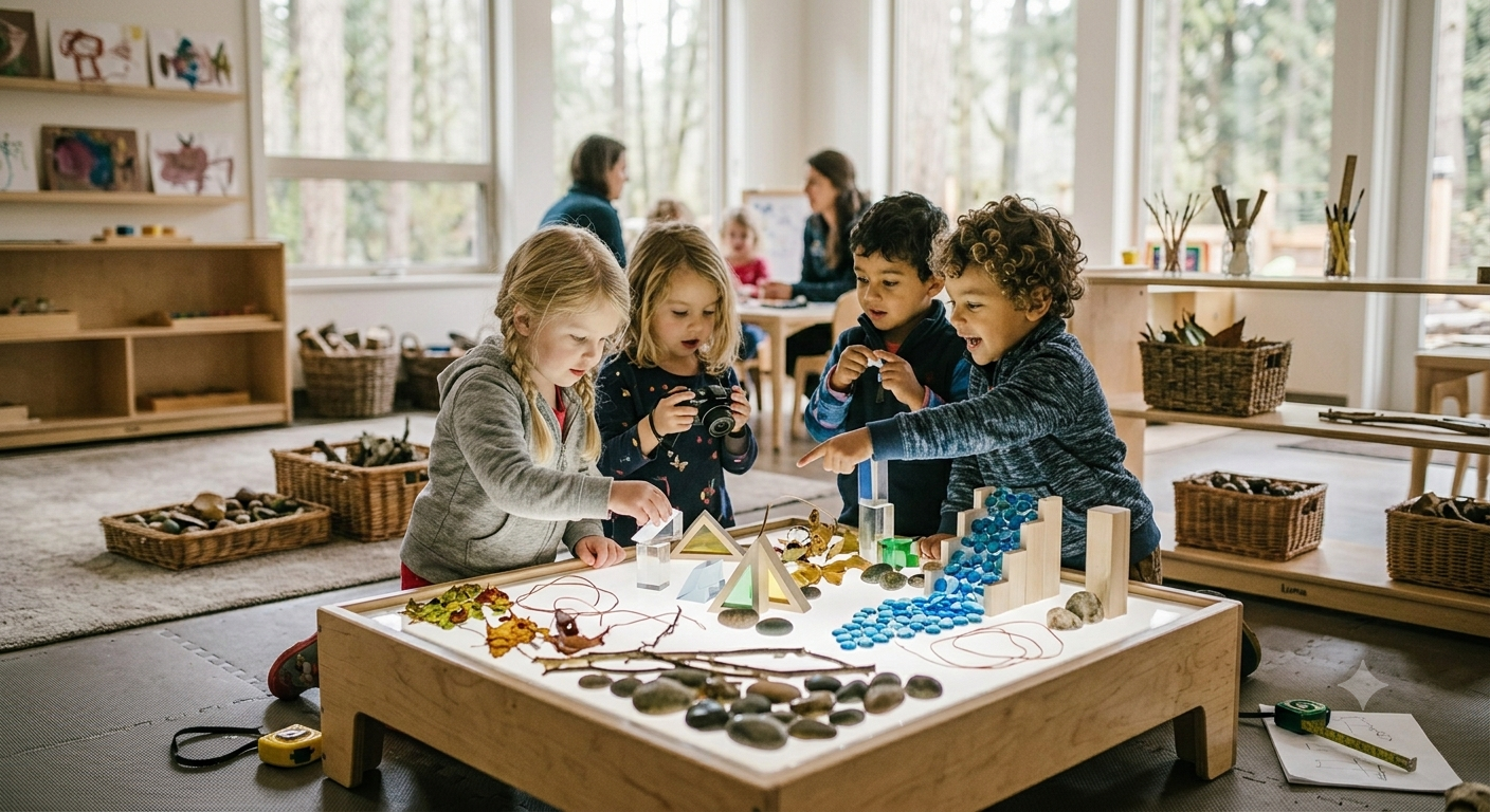 Children in a BC preschool, inspired by the Reggio Emilia approach, gathered around an illuminated sensory table with educational tools and wooden blocks.